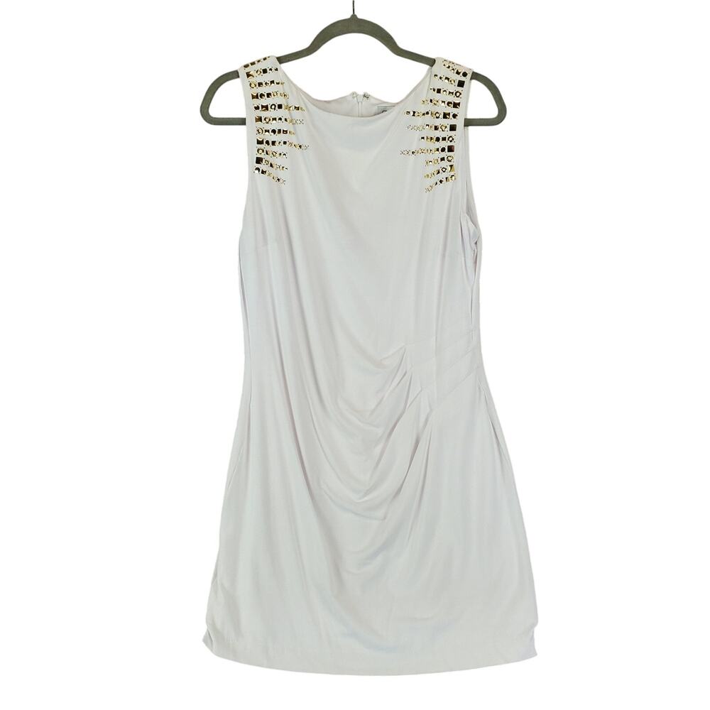 New Cache White w/ Gold Sleeveless Event Dress 12 Drapey Fit Summer Occasion NWT
